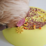 Goldendoodle qui lèche du paté pour chien sur un tapis de lèche